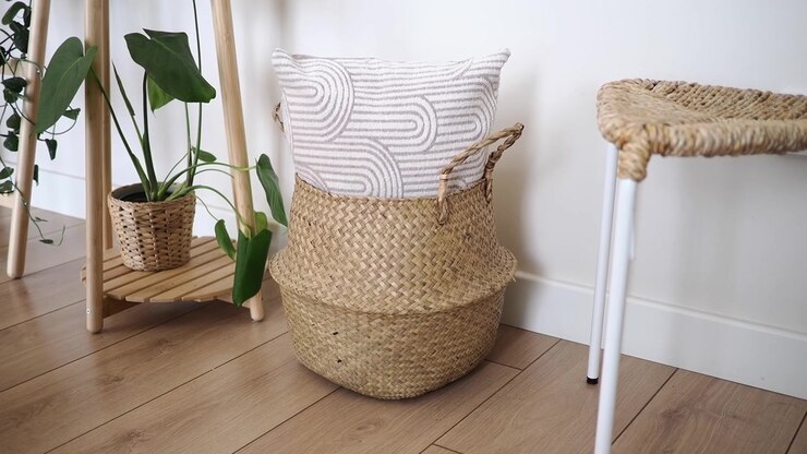 Cozy Home Decor with Woven Basket, Pillow, and Houseplant