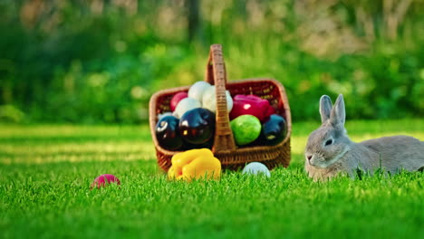 easter bunny in a garden with eggs and vegetables