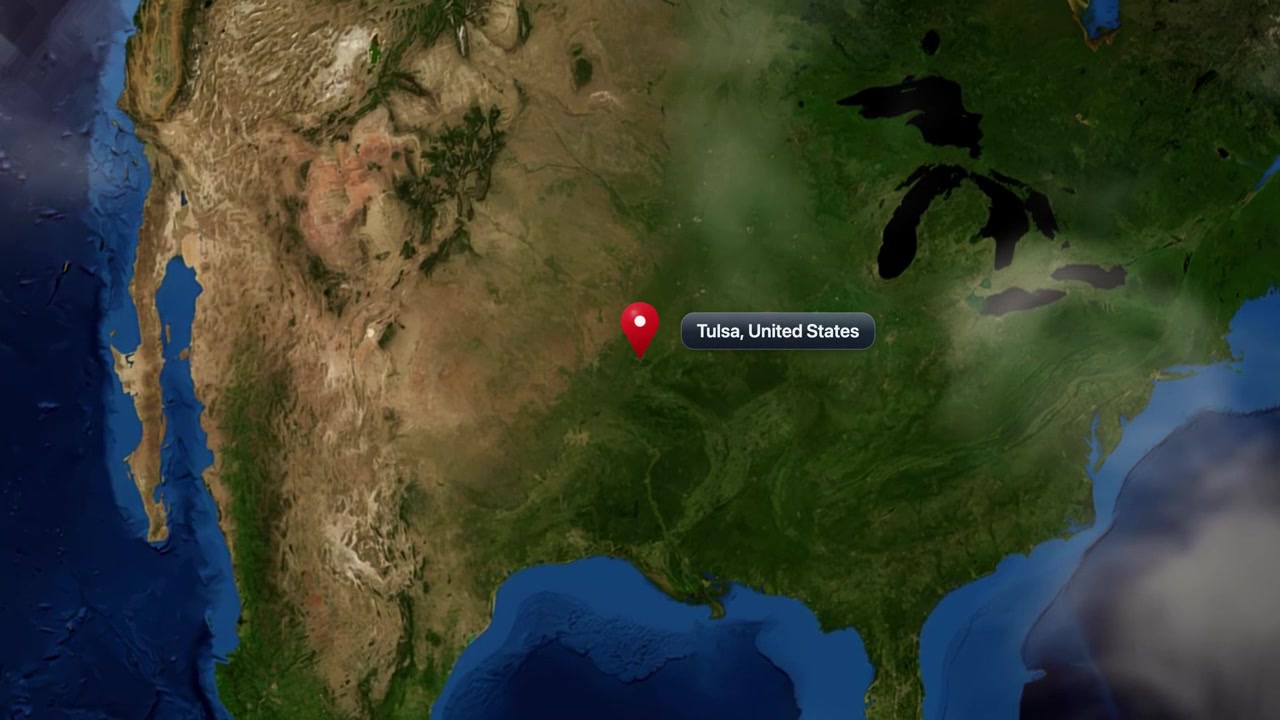 Satellite camera zooms from deep space to a map pin on Tulsa, Oklahoma. Includes NASA public domain imagery.
