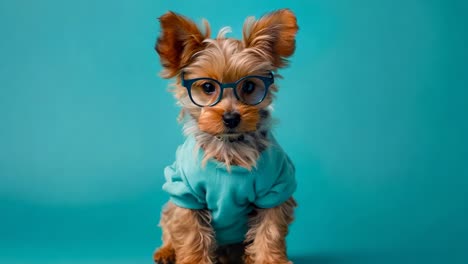 a small dog wearing glasses sitting on a blue background