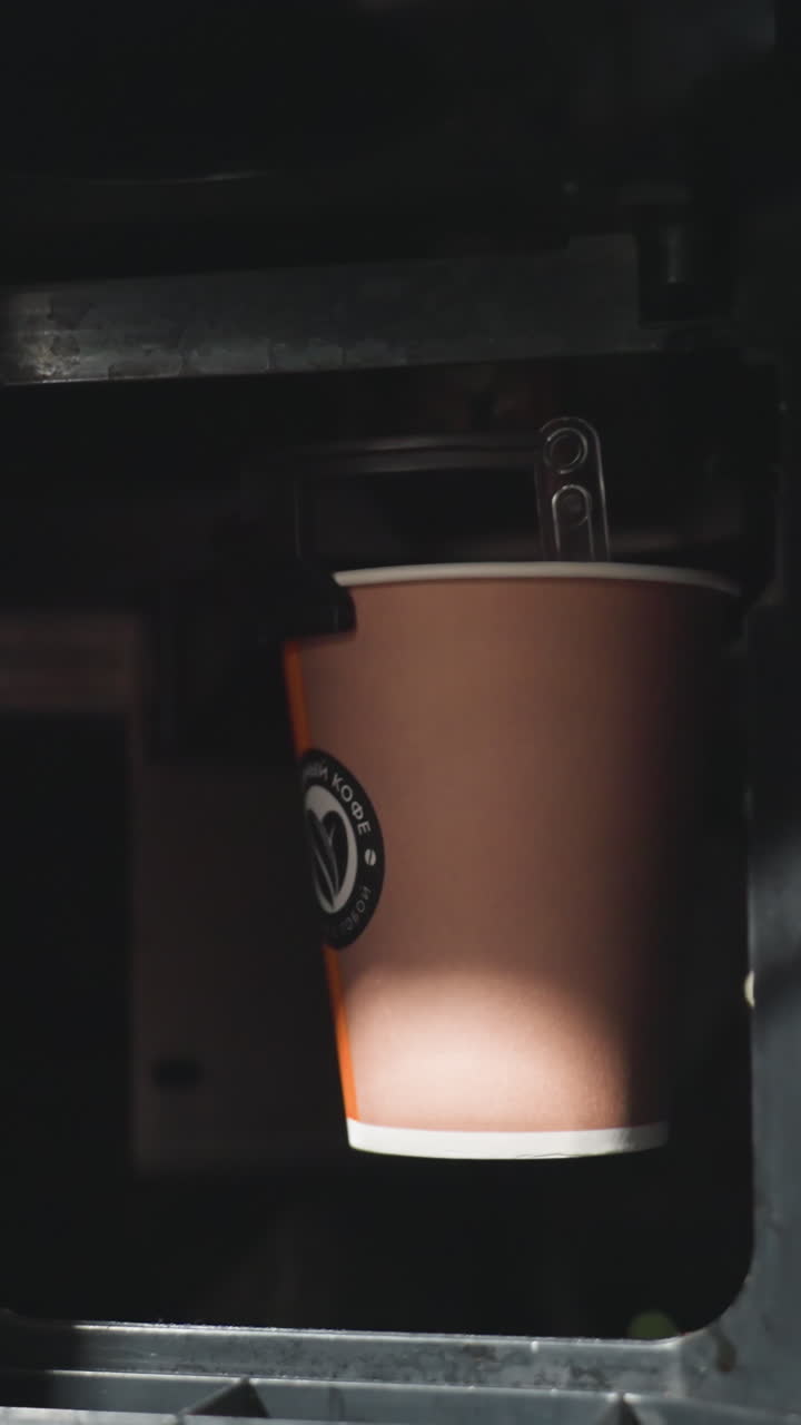Dispensador de vasos de papel en una máquina expendedora, mostrando el café que se sirve dentro de una máquina de bebidas automática, capturando el vaso en movimiento mientras cae sobre una plataforma de metal en un entorno de oficina moderno