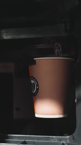 Dispensador de vasos de papel en una máquina expendedora, mostrando el café que se sirve dentro de una máquina de bebidas automática, capturando el vaso en movimiento mientras cae sobre una plataforma de metal en un entorno de oficina moderno