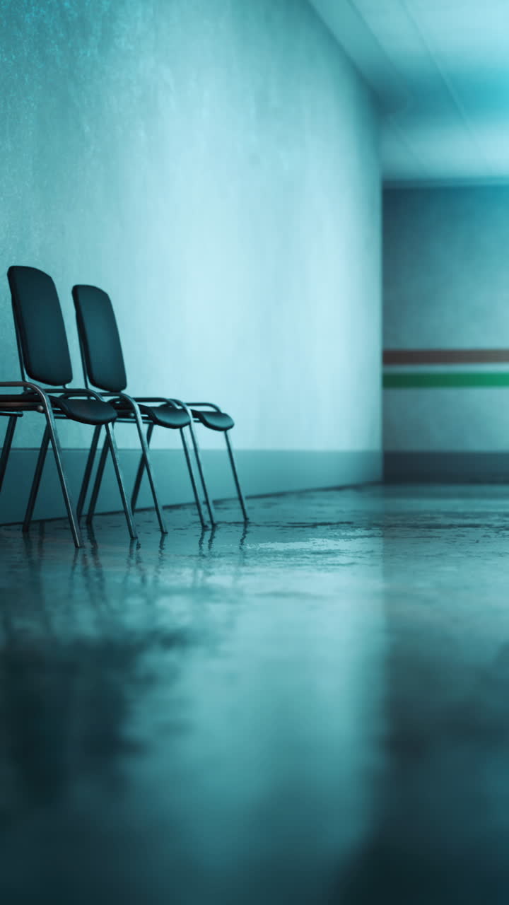 Empty waiting room with chairs and flooded floor