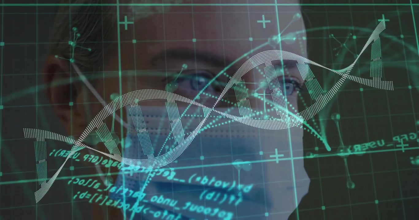 Female researcher analysing holographic DNA strands in lab, projecting molecular code snippets