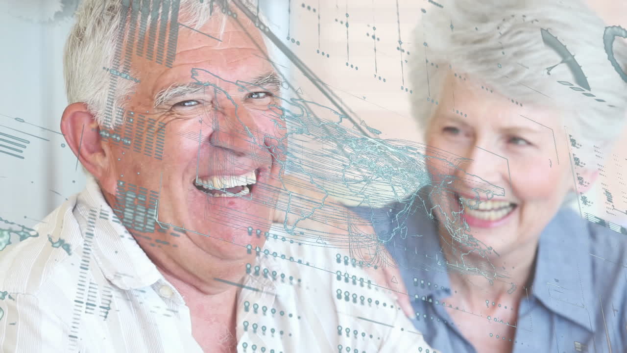 고위 백인 커플에 대한 세계 지도와 함께 금융 데이터 처리의 애니메이션