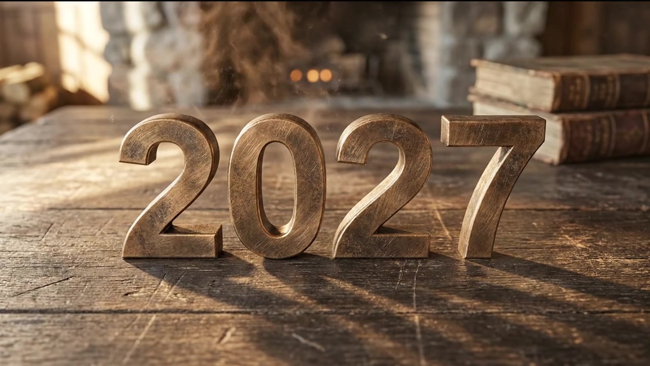 Animated 2027 new year numbers with gold metallic lettering and dark backdrop