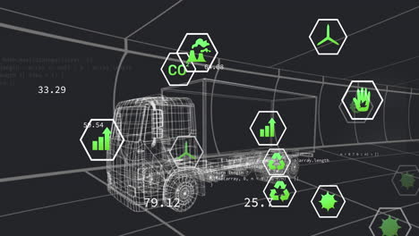animación del procesamiento de datos con iconos de ecología y camión digital sobre túnel negro digital