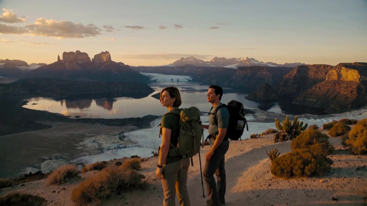 Due escursionisti camminano con zaini, bastone da trekking e scarponi su un crinale sopra un lago, fermandosi ad ammirare il tramonto.