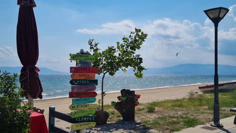 sea-with-sandy-beach-in-greece-and-signs-showing-directions-and-distance-to-different-cities