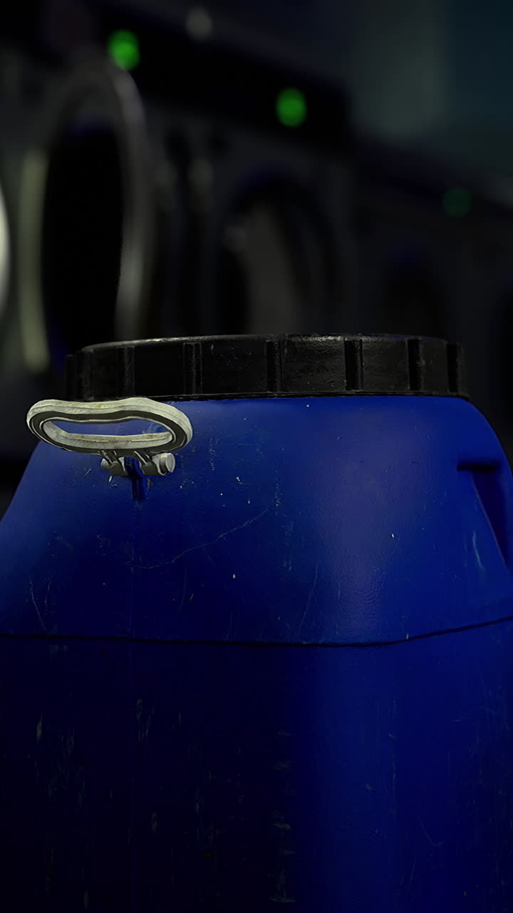 Blue container sits in a laundromat with washing machines in the background