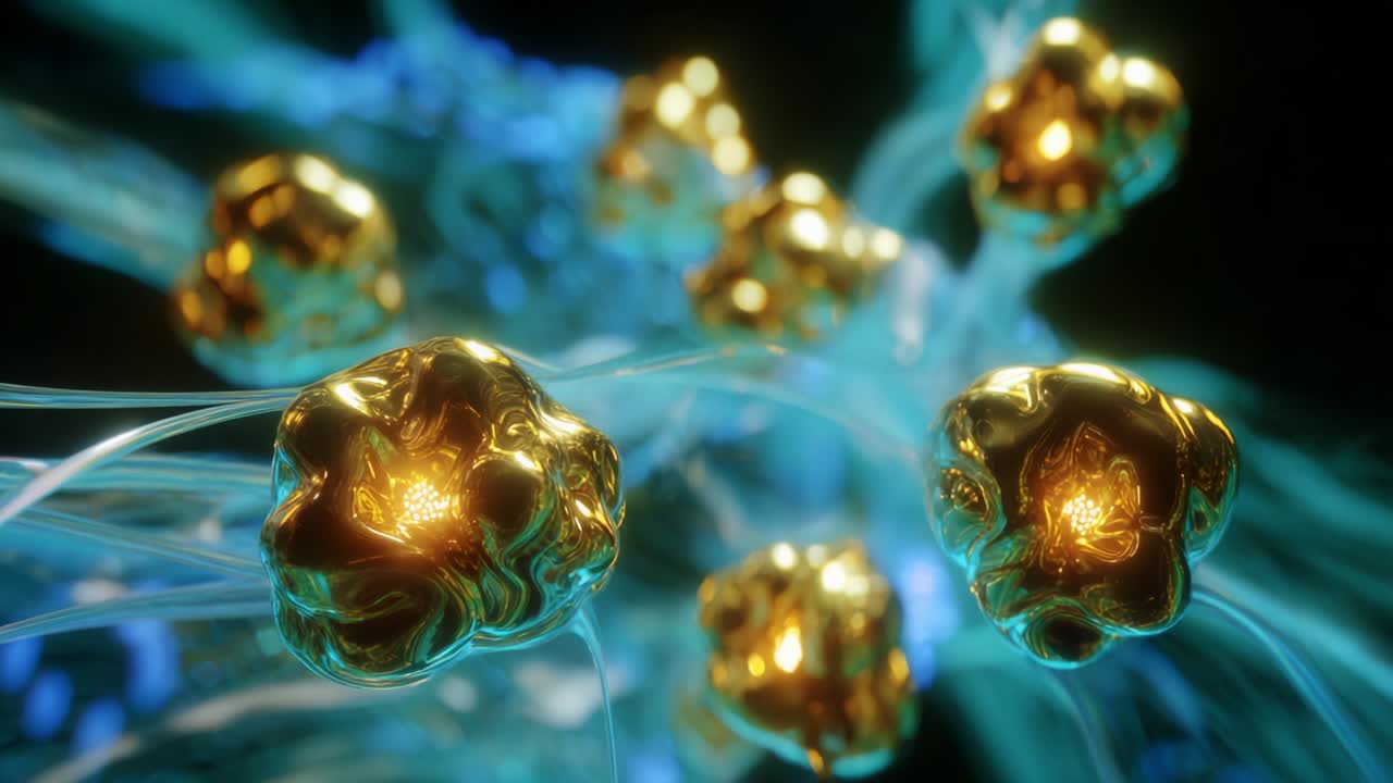 Intricate Close-up of Glowing Golden Structures Surrounded by Ethereal Blue Tendrils, Exhibiting a Captivating Display of Organic Forms and Dynamic Light Effects in a Modern Digital Visualization