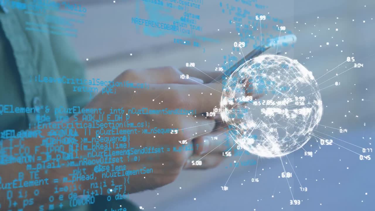 스마트 폰을 사용하여 카우카스인 남성의 데이터 처리 및 지구상의 애니메이션