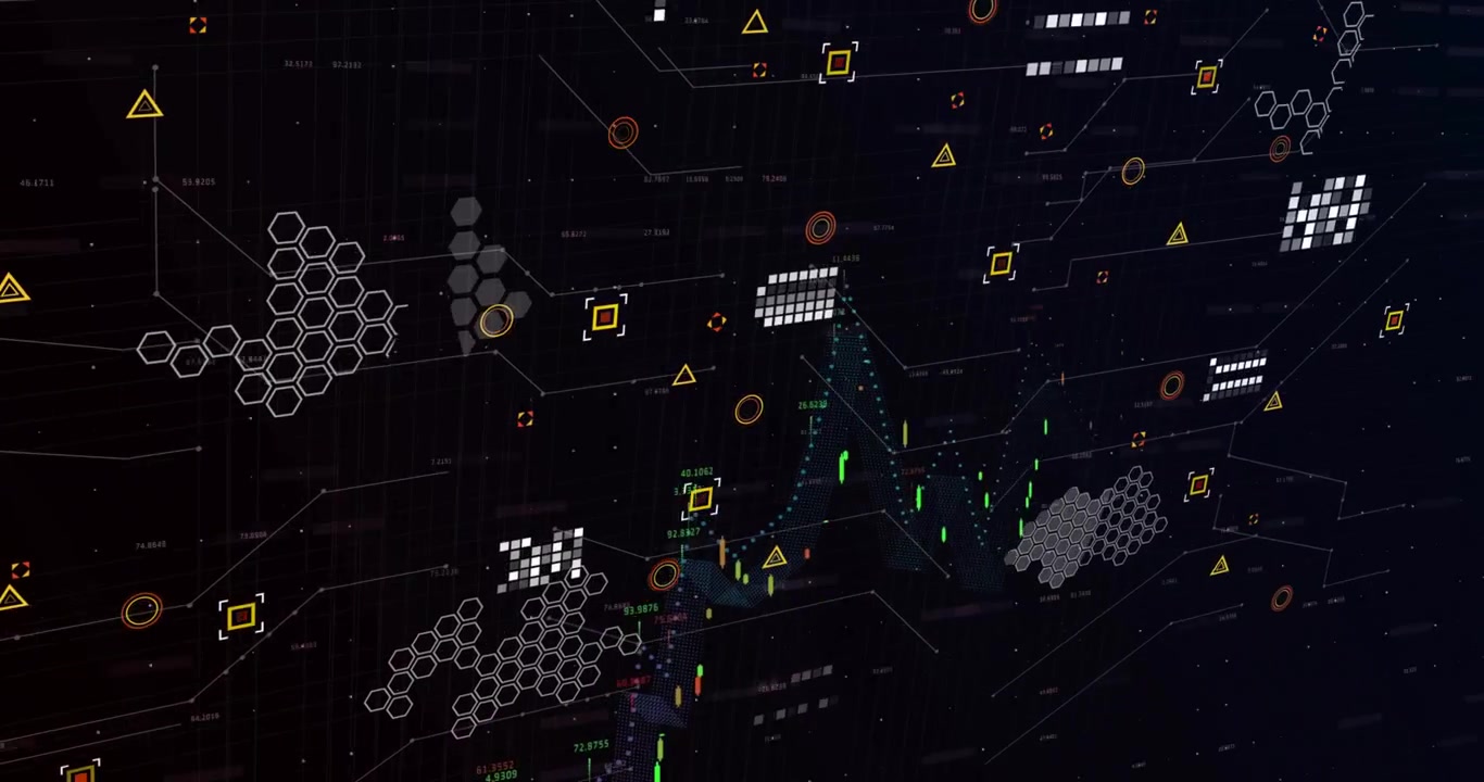Opening on dark canvas data network linking icons ribbon sweeping bars forming visualizing finance