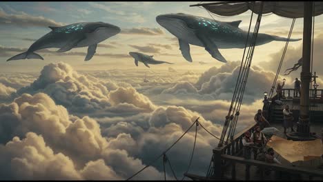 majestic whales glide through the clouds above a sailing ship, illustrating a dreamlike scene of harmony between nature and adventure on an enchanted voyage