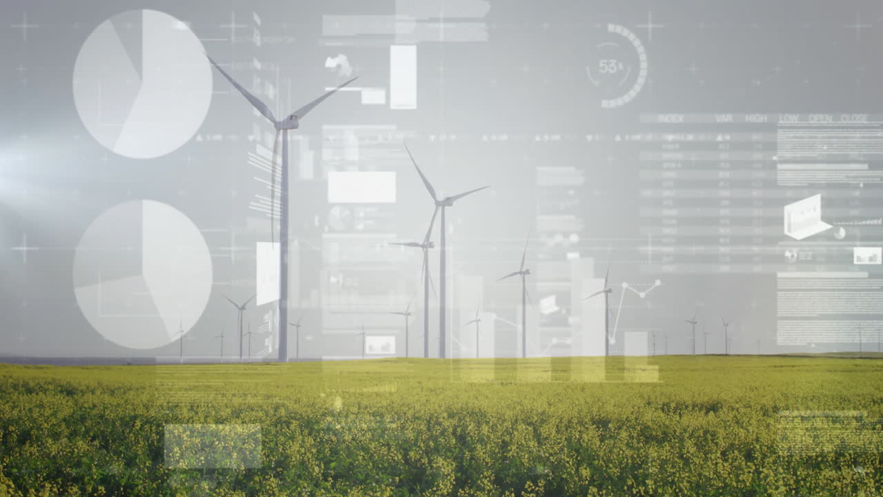 Wind turbines being visualized in yellow field, showing translucent data graphs with flat design