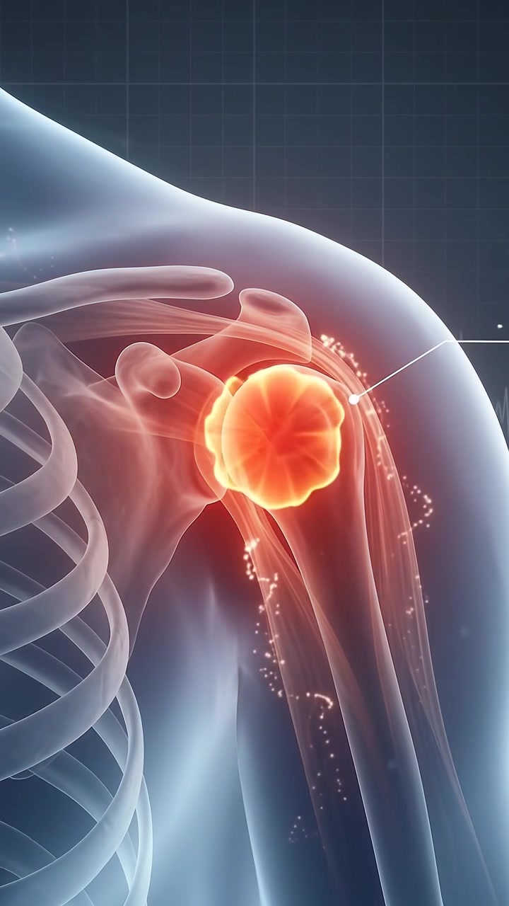 Animação médica de inflamação e dor na articulação do ombro.