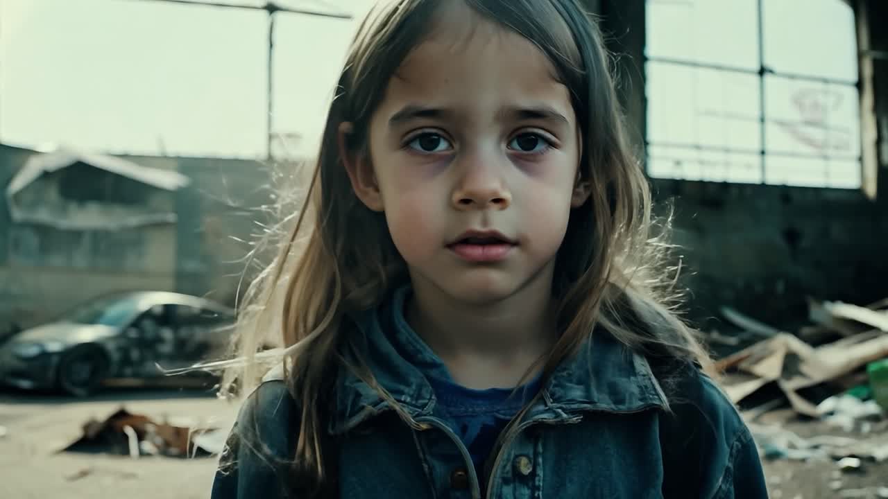 el retrato captura a una niña triste con el cabello largo. una cara sucia y una chaqueta azul resaltan su vulnerabilidad, evocando sentimientos de soledad y desesperación en un entorno duro