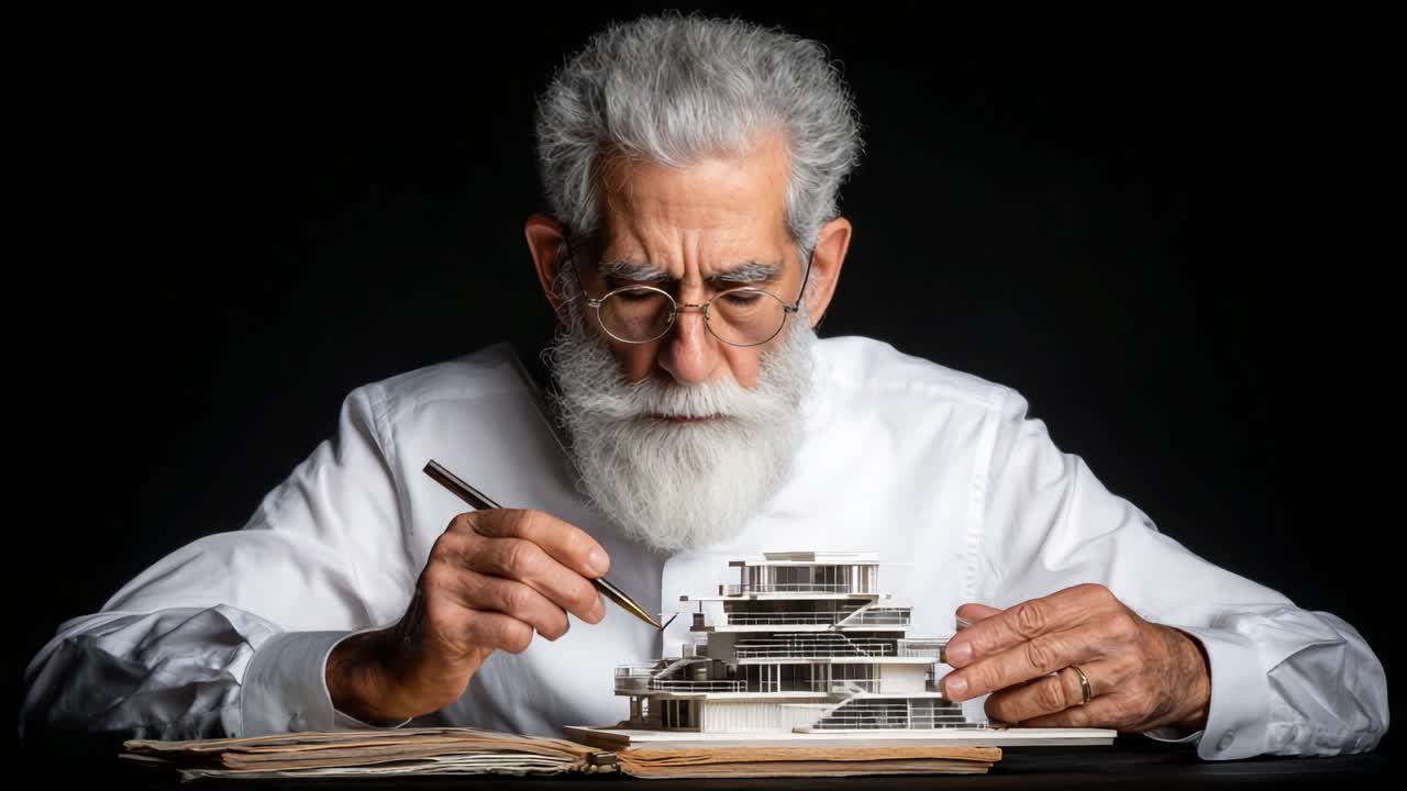 An Experienced Architect Diligently Crafts a Detailed Scale Model of a Modern Building, Reflecting Deep Passion and Commitment to Architectural Mastery