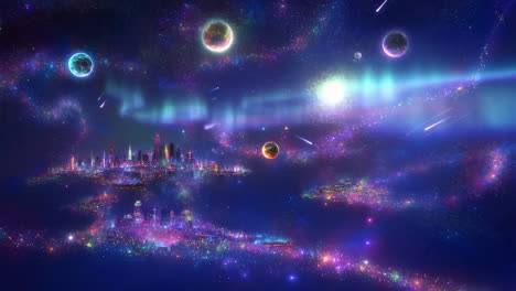 vibrant futuristic city under a cosmic sky with planets and aurora
