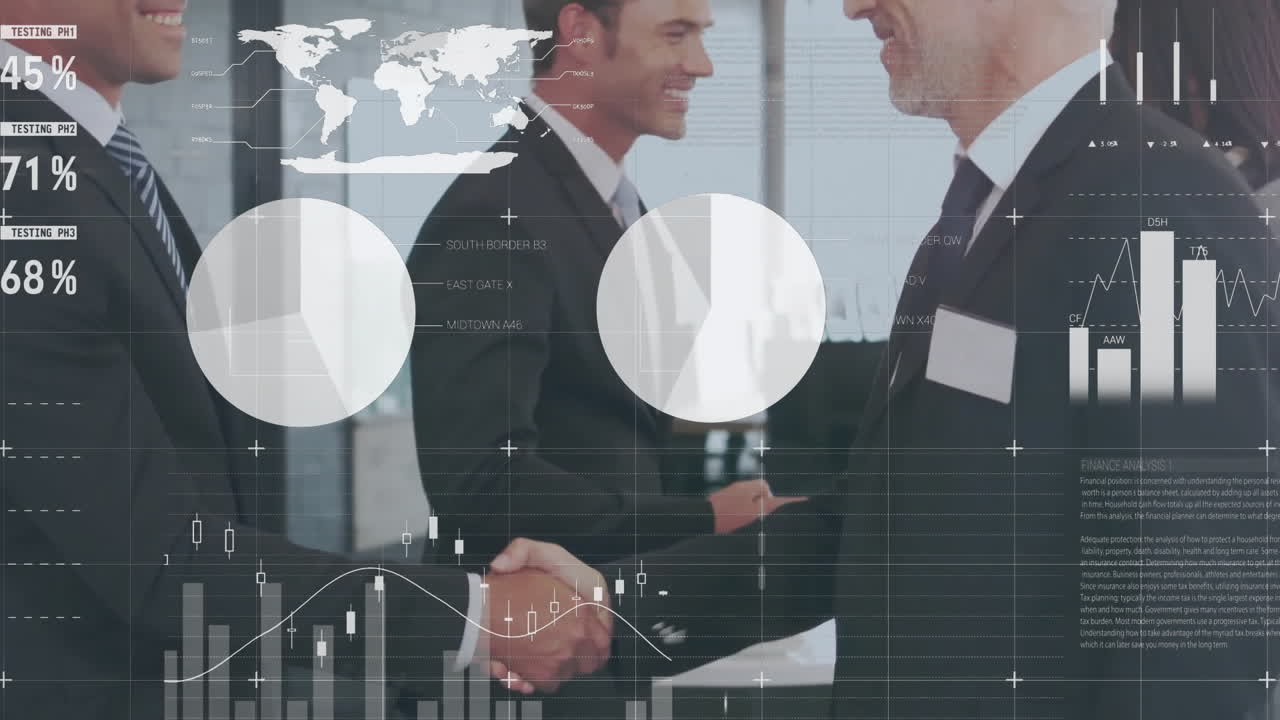 Animation von Datenverarbeitung und Diagrammen über verschiedenen Geschäftsleuten, die sich die Hände schütteln