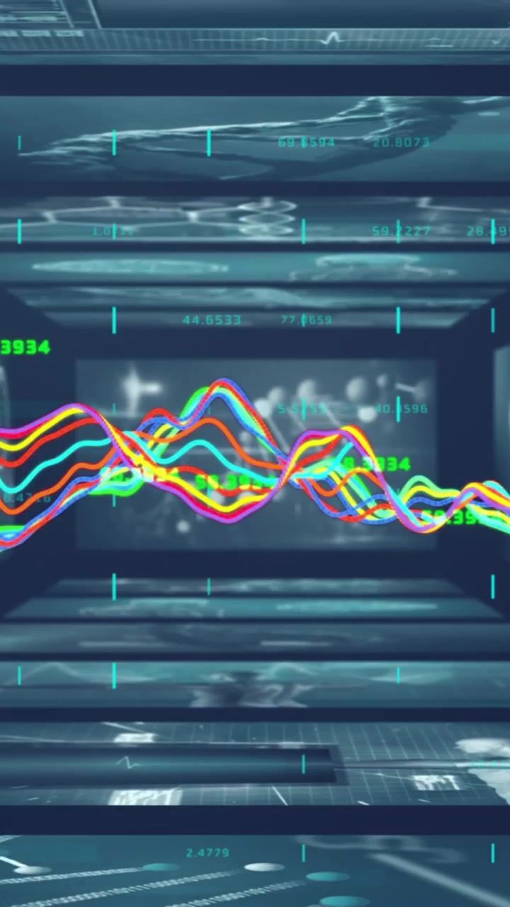 Animation of data processing over screens with dna strand on black background
