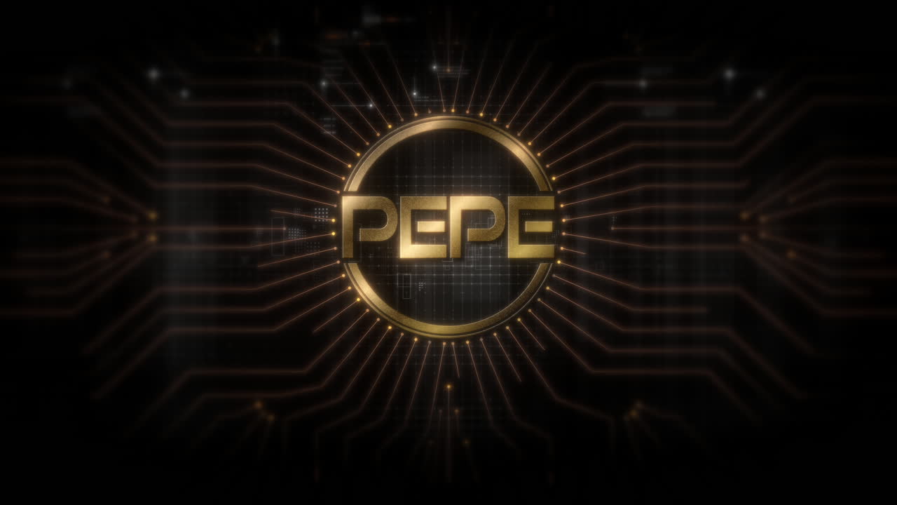 Futuristic digital background highlighting advanced cryptocurrency and encryption technology, featuring blockchain networks and secure cryptographic systems : PEPE