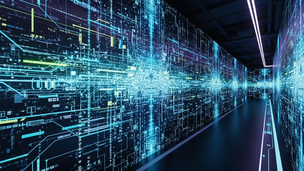 Futuristic Digital Corridor Visualization Featuring Vibrant Graphical Representations of Data Flow in a High-Tech Environment