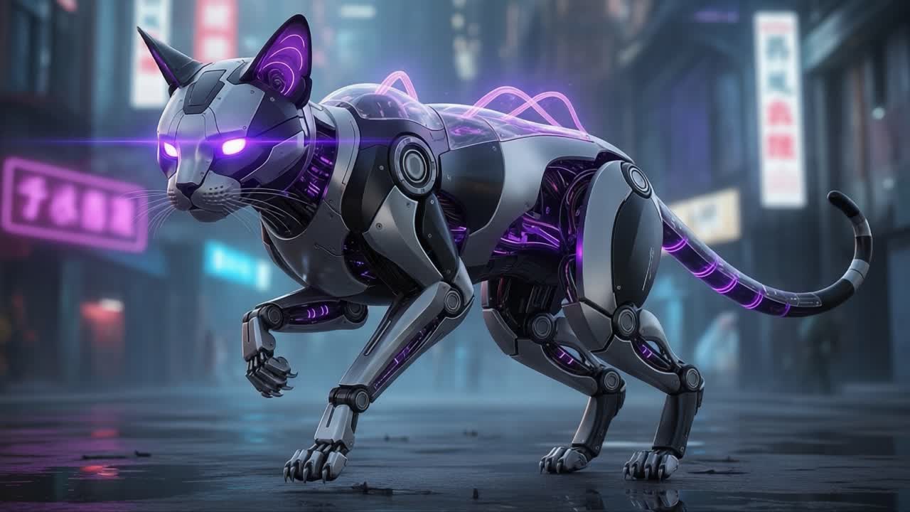 Futuristic robotic cat with glowing eyes walks through a neon-lit urban landscape, showcasing advanced technology and design in a cyberpunk aesthetic