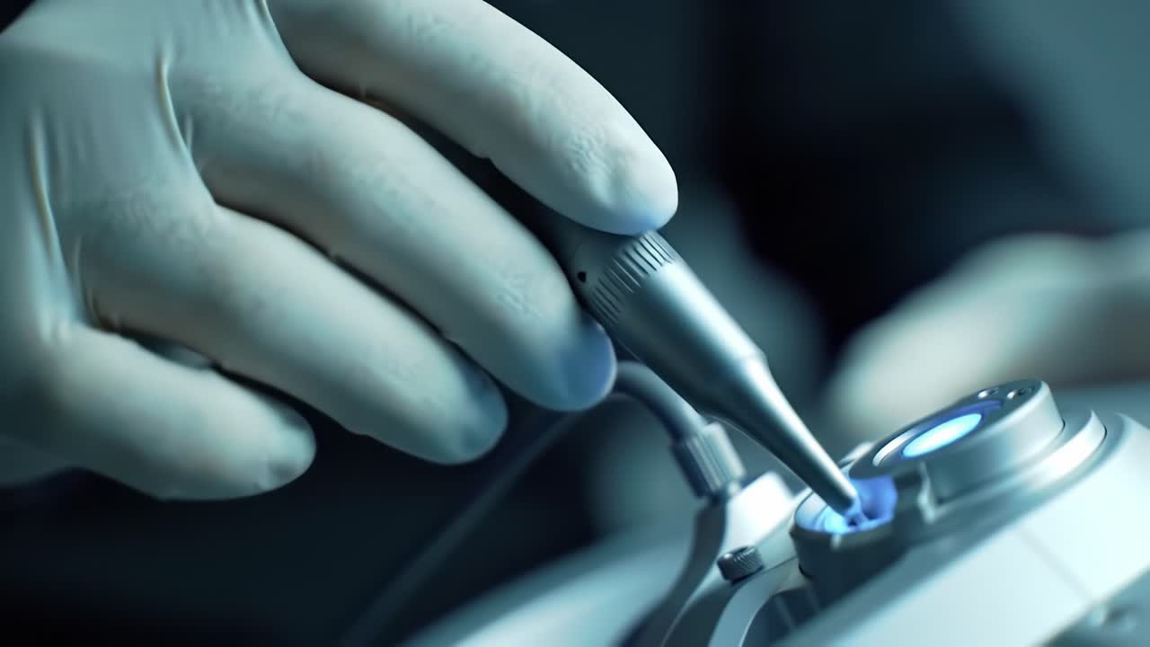 Precision Instrument Operation: Close-Up of a Gloved Hand Using a Medical Device in a Clinical Setting Highlighting Technological Advances and Attention to Detail