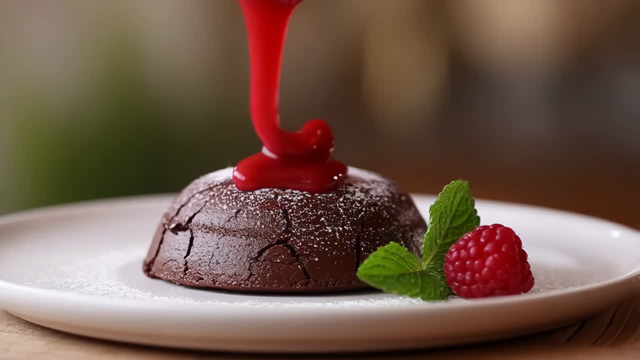 Delicious Chocolate Lava Cake with Raspberry Sauce and Fresh Berries