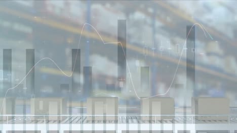 statistical data processing over multiple boxes on conveyor belt against warehouse