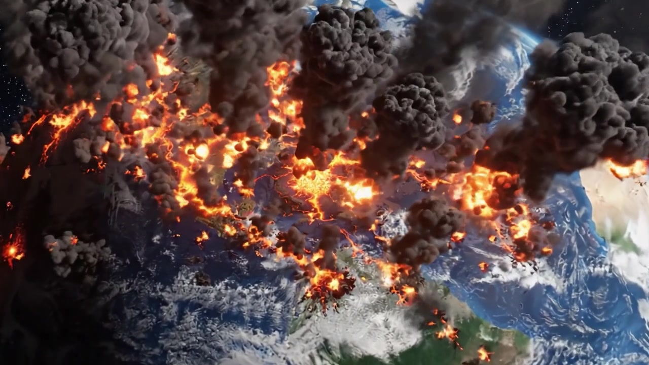 Événements cosmiques catastrophiques : la destruction se déchaîne alors que des explosions éclatent dans un chaos ardent et que des nuages sombres engloutissent la Terre lors d'un affrontement dramatique des éléments
