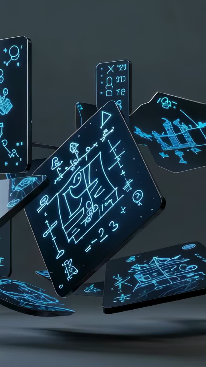 Vertical video: Appearing screens drifting outward in void, rotating to reveal neon-blue schematics