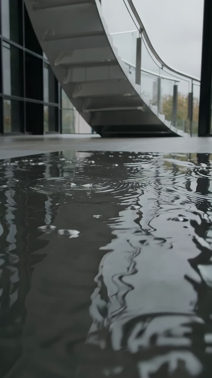 Rippling Puddle Reflecting a Modern Staircase