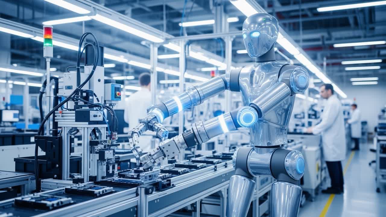 Advanced Robotic Automation in Manufacturing Environment Showcasing Precision Assembly and Human-Robot Collaboration for Enhanced Efficiency and Productivity