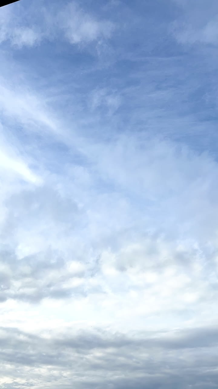 Stratus cloudscape hiding the blue sky. Low angle view at the clouds floating quickly over the head. Vertical video.