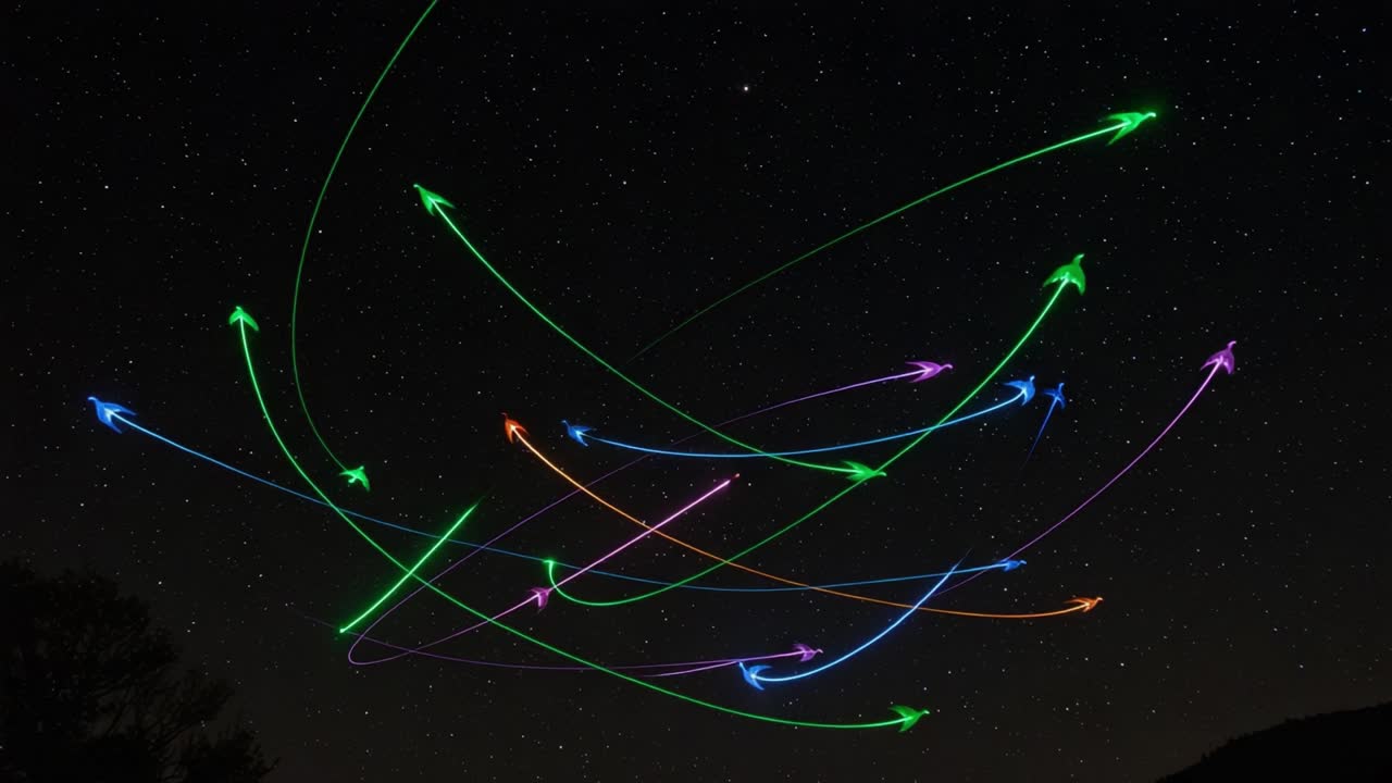 Captivating Night Sky Trails: A Stunning Display of Colorful Light Paths and Celestial Patterns Under a Starry Atmosphere