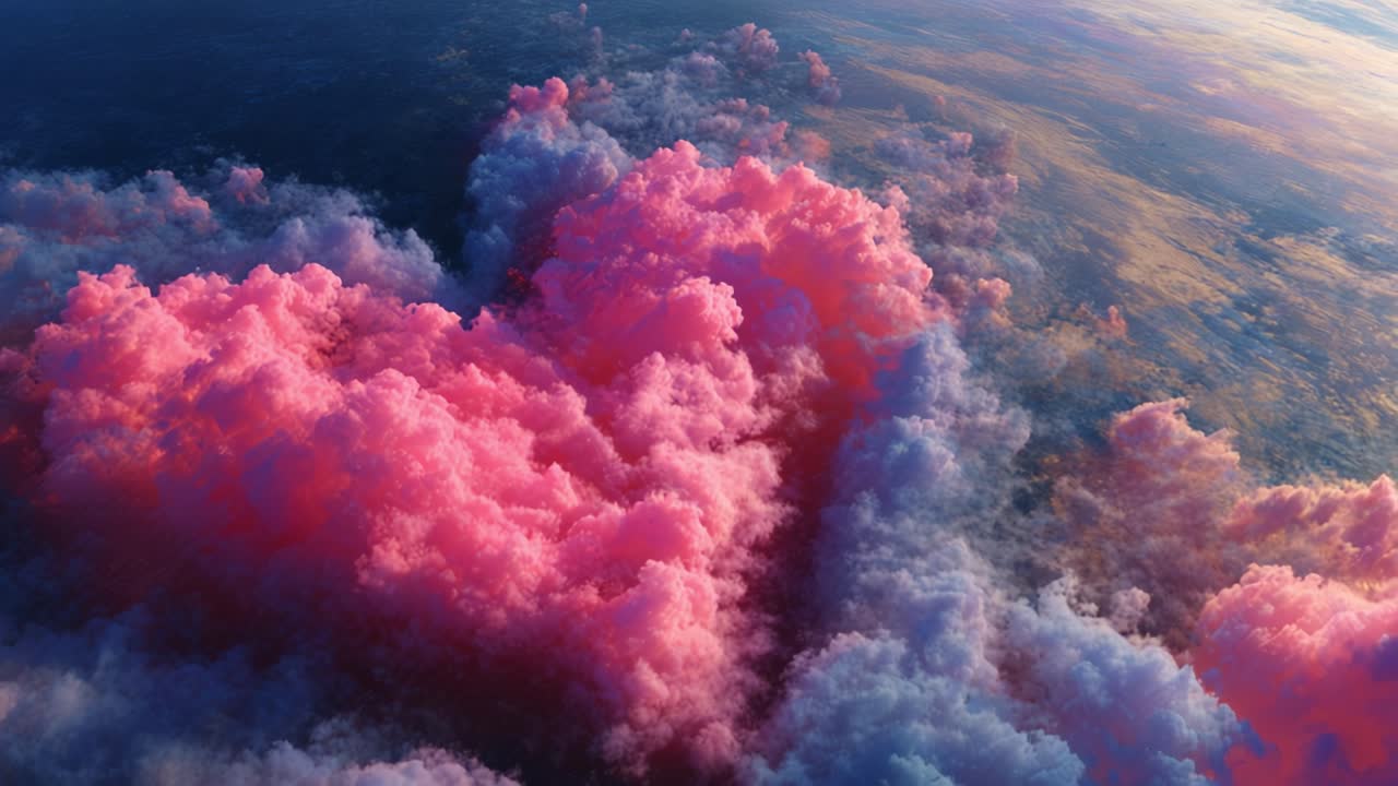 A stunning aerial view of vibrant pink clouds forming a heart shape, capturing the ethereal beauty of nature's palette and the emotions evoked by this breathtaking sky scene