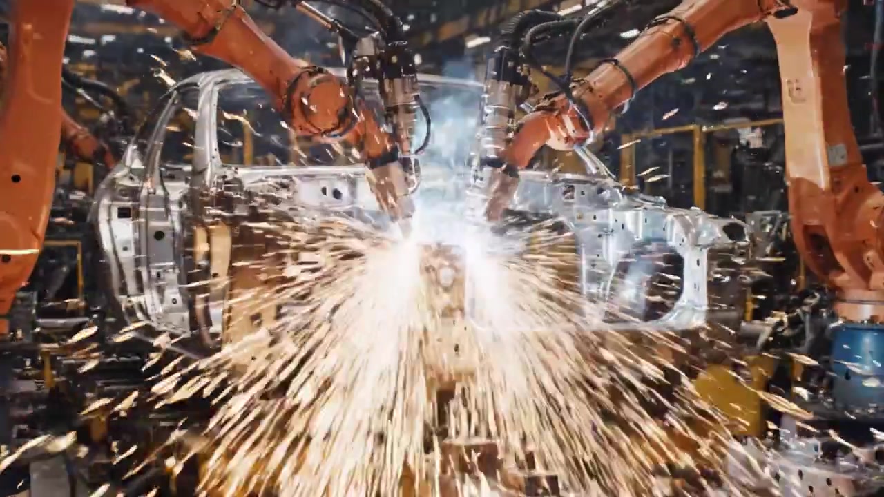 Robotique automatisée en action : Un processus de fabrication de haute technologie mettant en valeur l'ingénierie de précision, des robots assemblant un châssis de voiture dans une usine moderne.