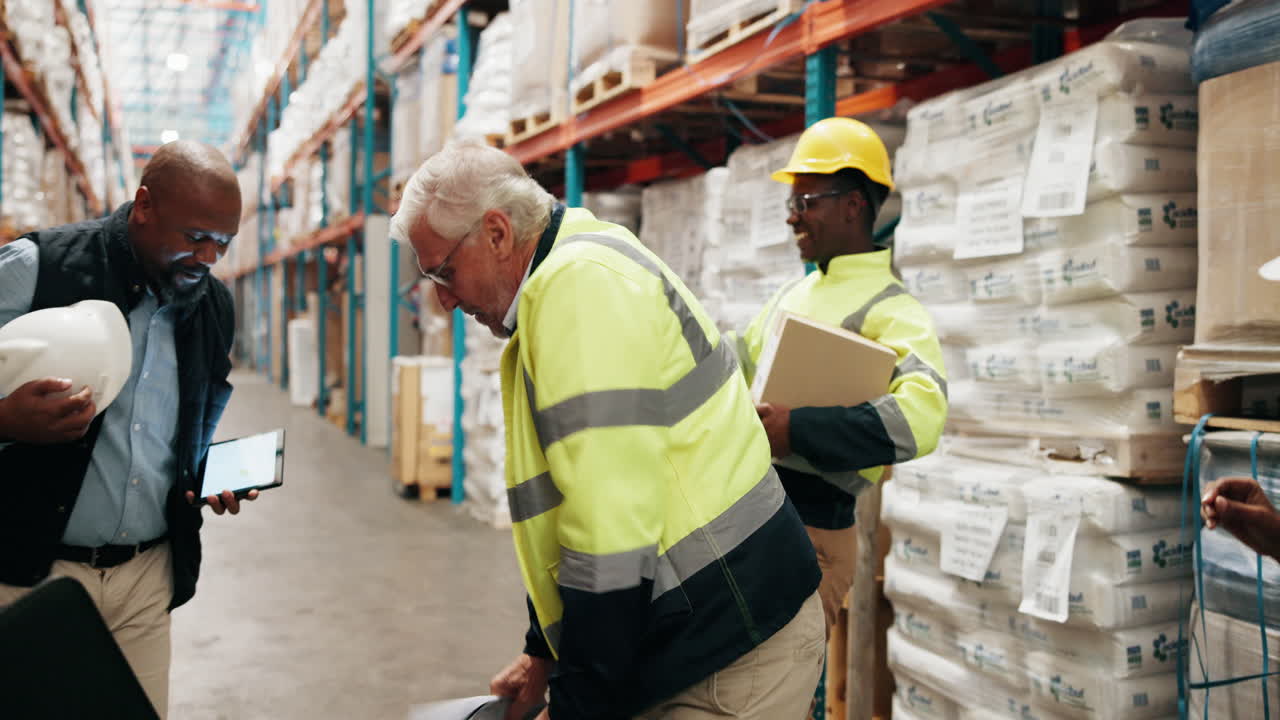Warehouse workers discussing a business proposal