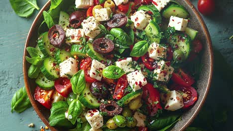 Ensalada-Griega-Fresca-Con-Verduras,-Queso-Feta-Y-Aceitunas