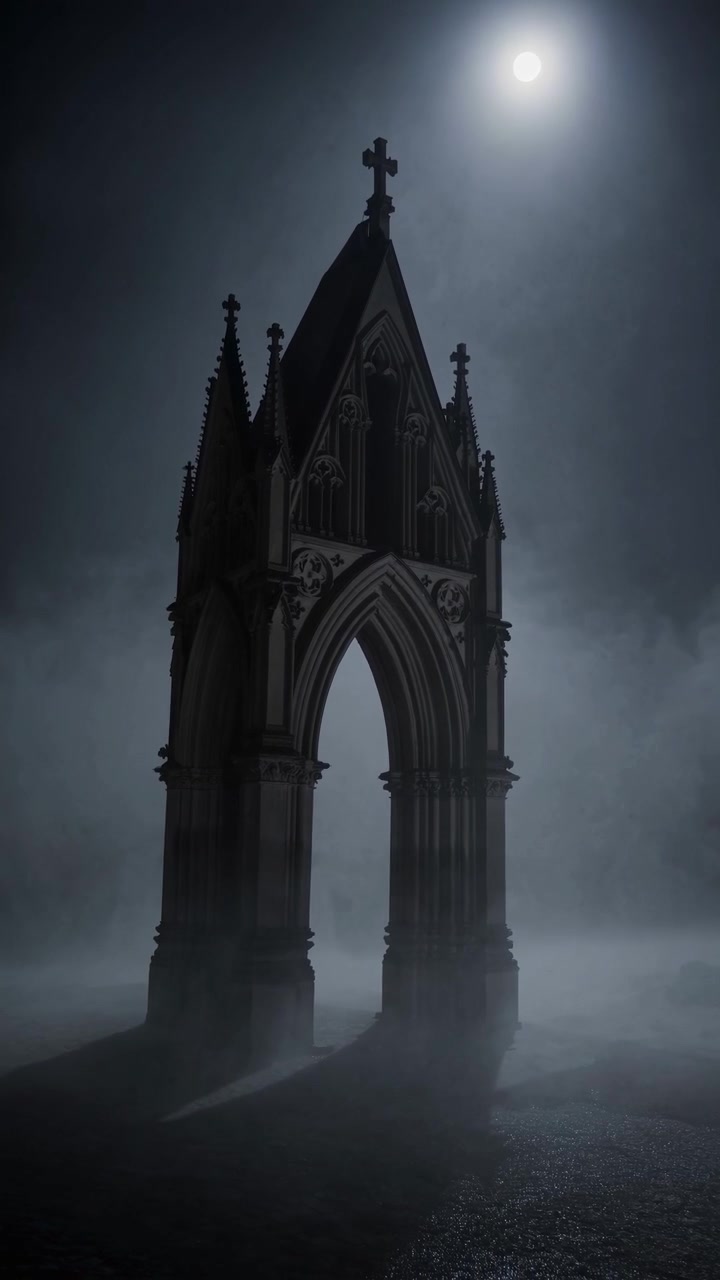 Inquietante monumento gotico al chiaro di luna con nebbia avvolgente