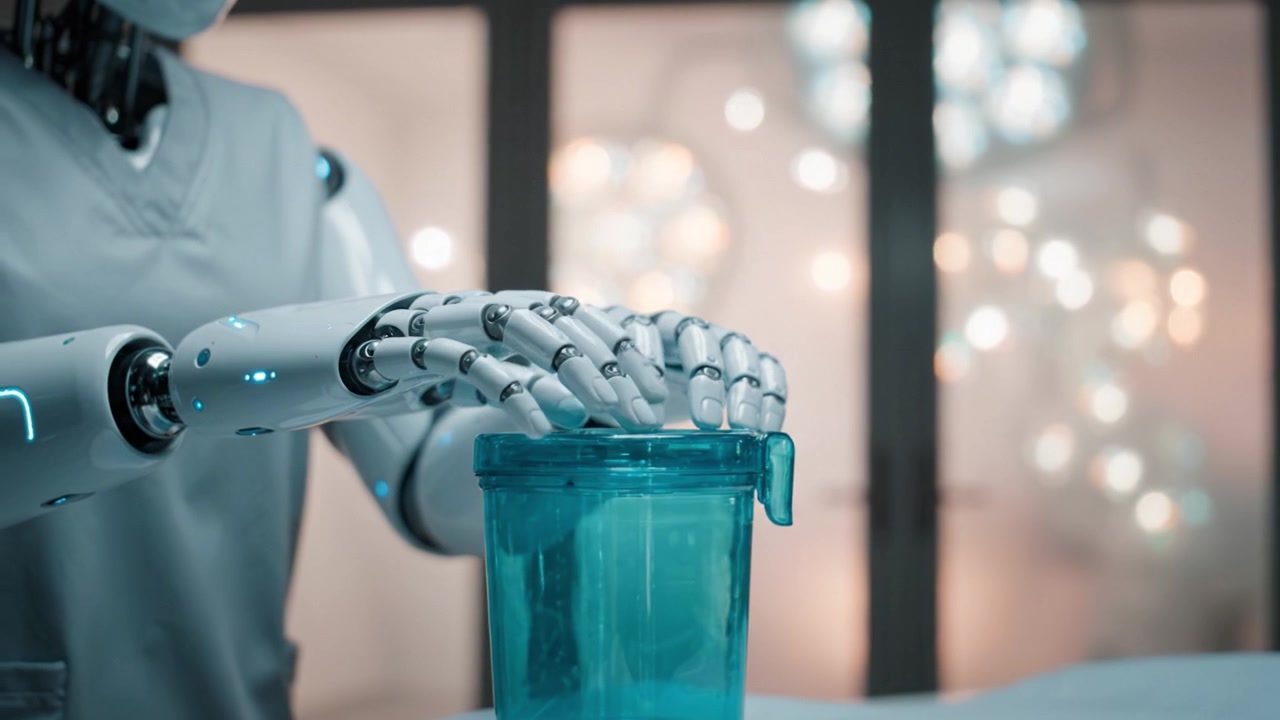 A robotic hand skillfully interacts with a transparent container, showcasing advanced technology in design and functionality in a futuristic setting.