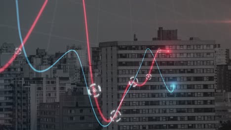 neon statistical data processing against tall buildings in the city
