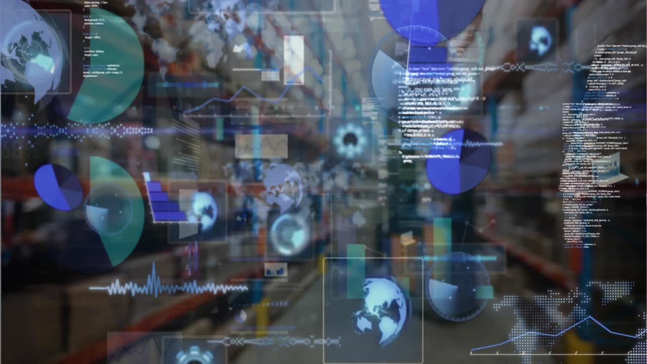 창고 위의 범위 스캐닝과 함께 데이터 처리 애니메이션