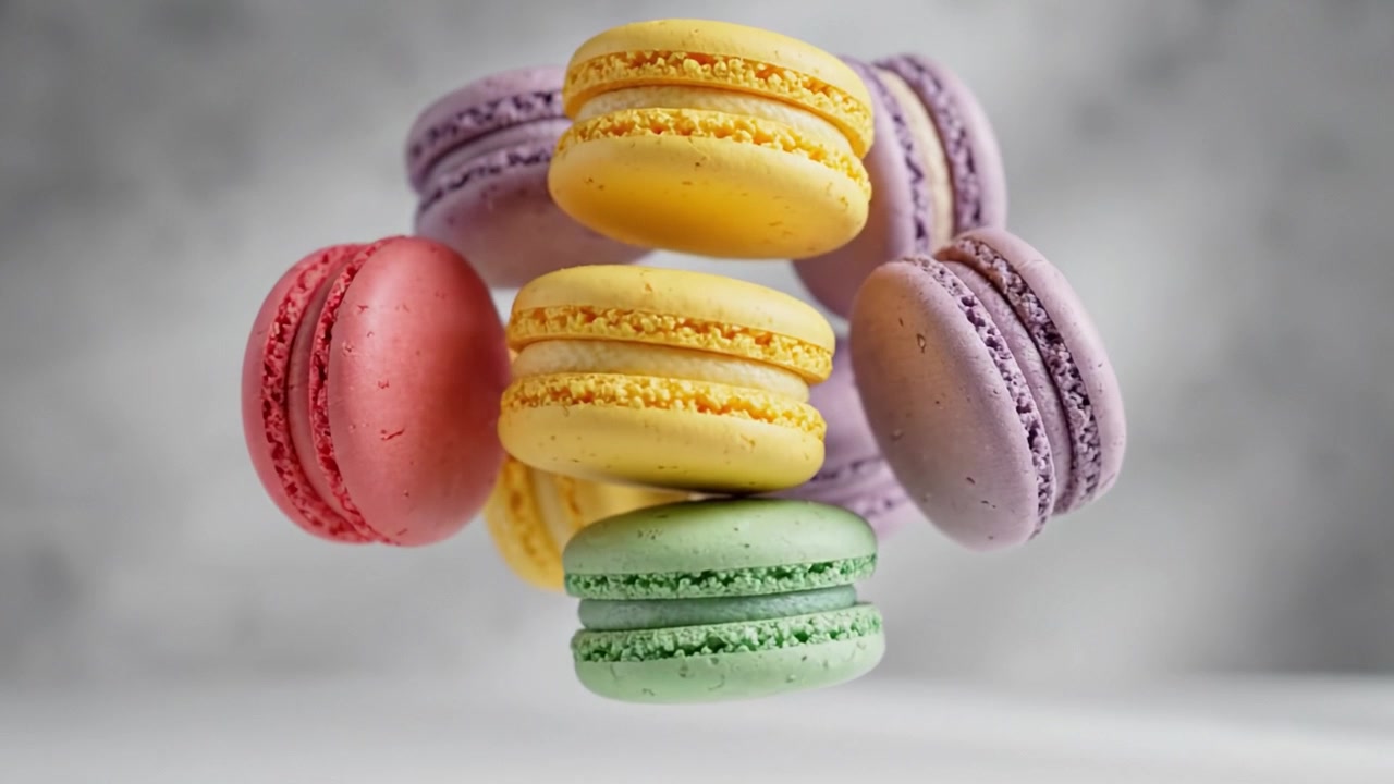 Colorful Macarons Stacked in Mid-Air: A Delightful Display of Pastel Treats Featuring Pink, Yellow, Purple, and Green Flavors Against a Soft Background
