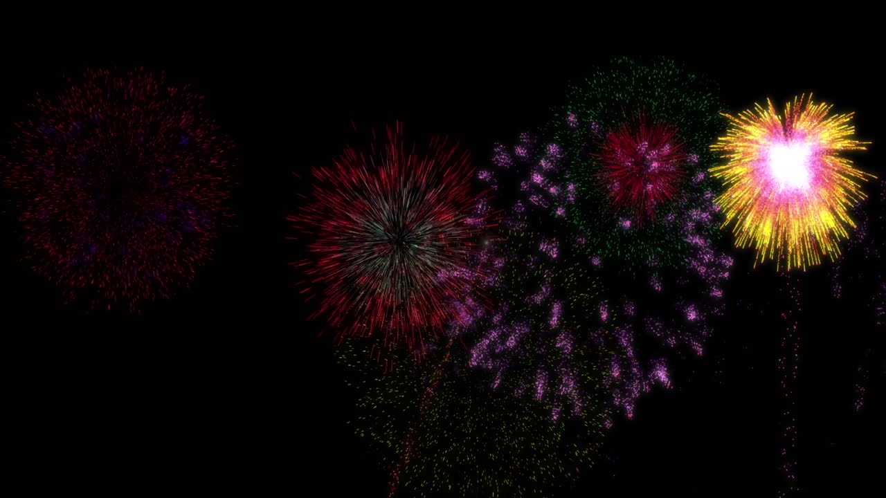 Animation of colourful christmas and new year fireworks exploding in night sky