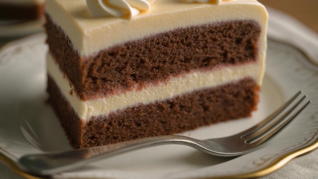 Uma Fatia de Bolo de Chocolate em Camadas em um Prato Decorativo