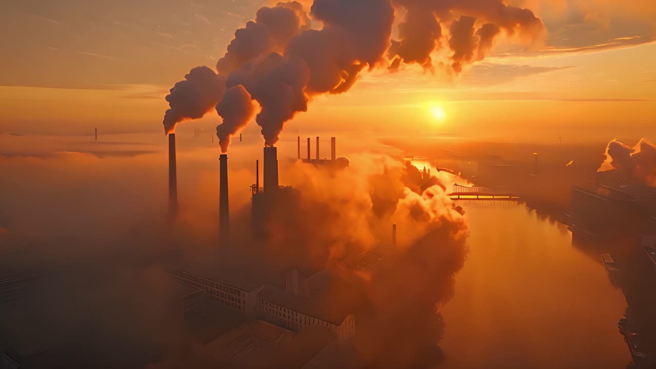 Industrial Pollution with Factory Chimneys Emitting Smoke into Hazy Sunset Sky