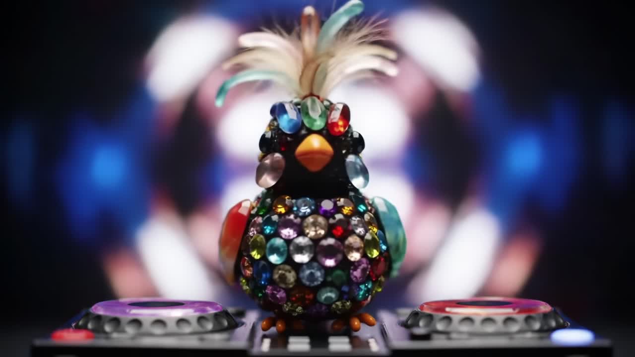 Una colorata statuetta decorativa di un uccello, adornata con gemme scintillanti su un giradischi da DJ, che mette in risalto un'atmosfera vivace e artistica in un ambiente moderno